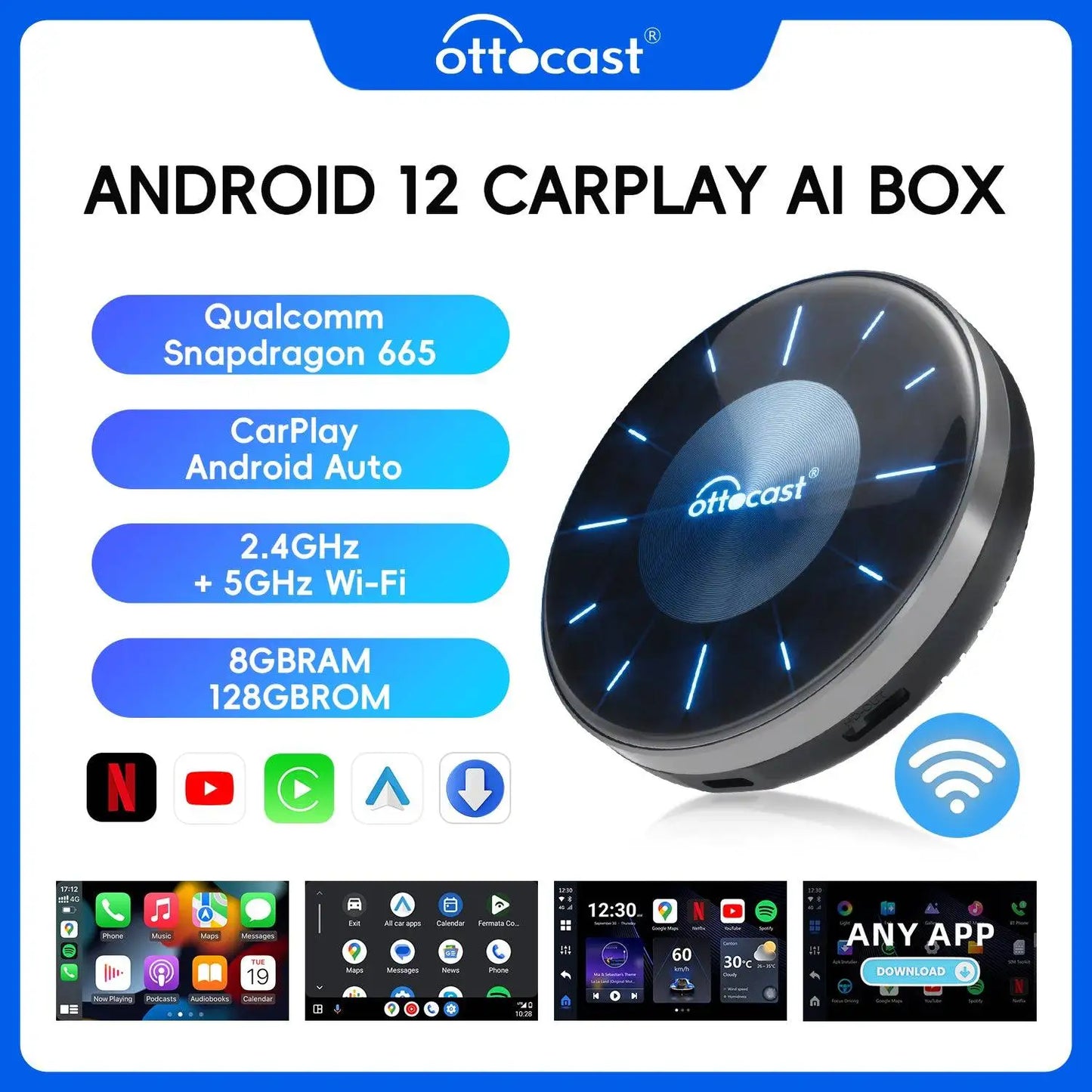 OTTOCAST P3 8GB+128GB CarPlay AI Box Android 12 OS