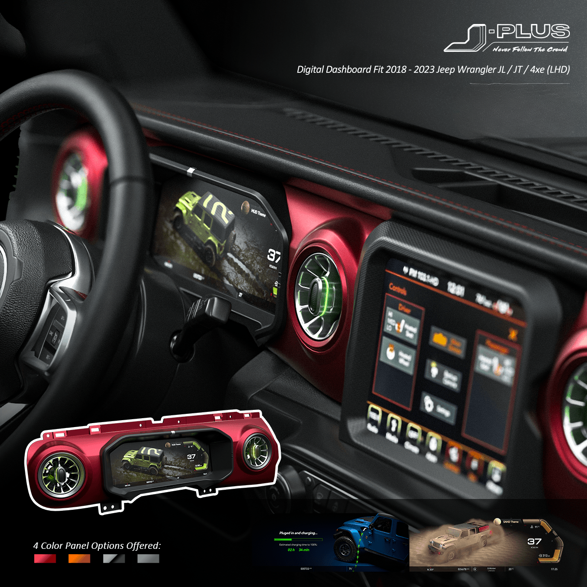 J-Plus digital dash for Jeep Wrangler JL / 4xe and Gladiator JT - 4 trim panel colours
