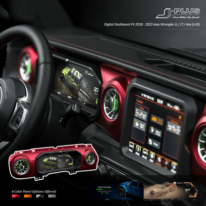 J-Plus digital dash for Jeep Wrangler JL / 4xe and Gladiator JT - 4 trim panel colours